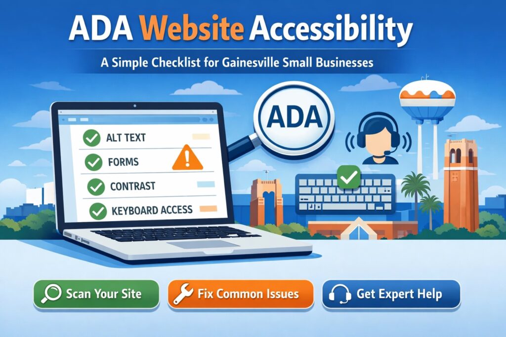 Illustration showing a laptop with an ADA website accessibility checklist including alt text, forms, contrast, and keyboard access, with an ADA magnifying glass icon and Gainesville Florida landmarks in the background, representing a simple accessibility checklist for small businesses.
